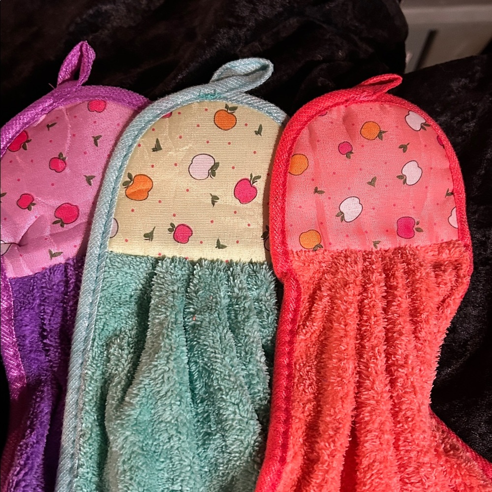 Set of three Cute Fruit Print Hanging Hand Towels - Mint ~Purple ~Coral